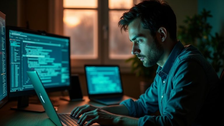A focused remote worker in a sunlit home office surrounded by colorful monitors showing real-time software glitches.