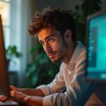 A remote worker in a sunlit home office balances video calls and overflowing emails, visibly navigating screen fatigue and digital overwhelm.
