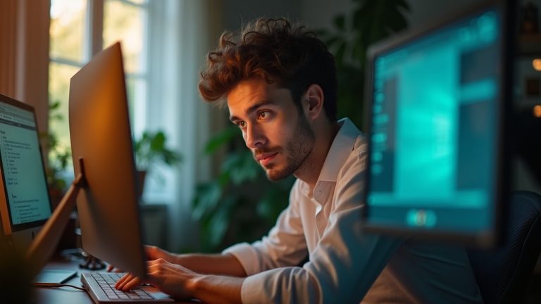 A remote worker in a sunlit home office balances video calls and overflowing emails, visibly navigating screen fatigue and digital overwhelm.