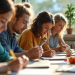 Remote coworkers interact with creative tools like sketchpads and a guitar in a lively, colorful workspace filled with plants and natural light.
