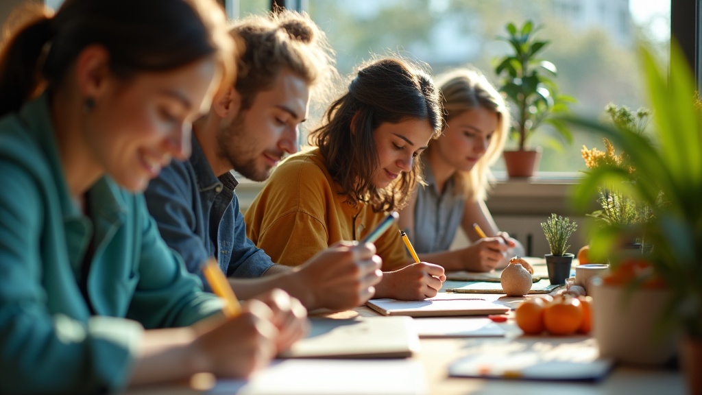 Remote coworkers interact with creative tools like sketchpads and a guitar in a lively, colorful workspace filled with plants and natural light.