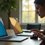 Remote worker comparing two laptops in a sunlit home office, reflecting the thoughtful decision process between collaboration tools.
