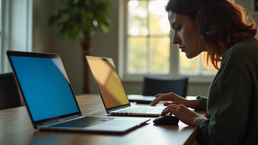 Remote worker comparing two laptops in a sunlit home office, reflecting the thoughtful decision process between collaboration tools.