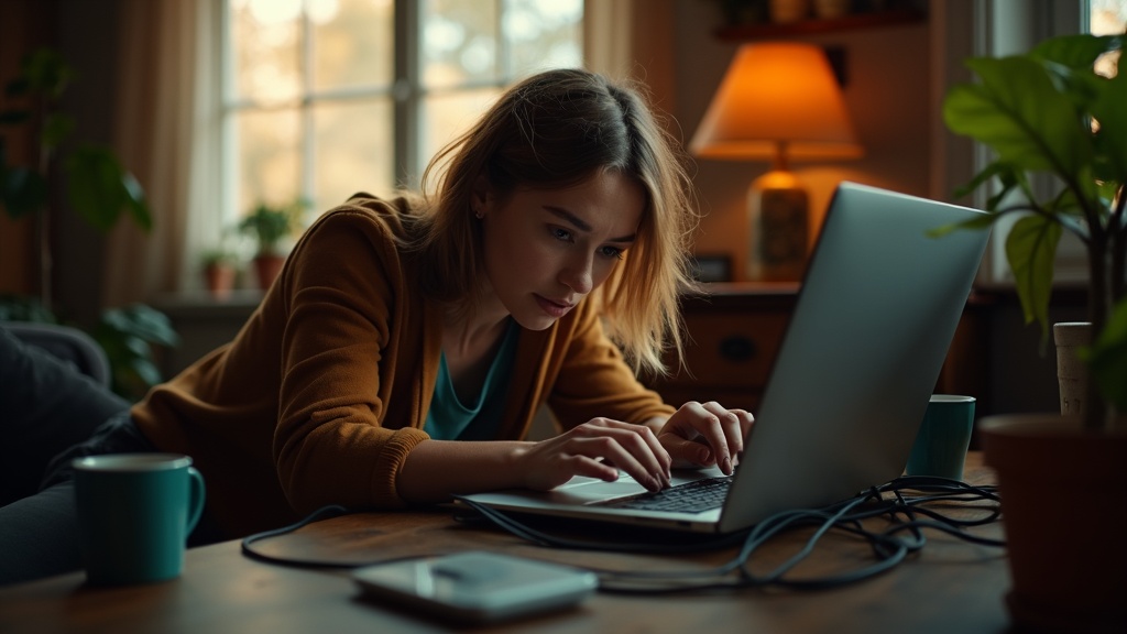 A remote worker in a cozy living room adjusts a tangled home router, highlighting the real-world challenges of home network security during remote work.