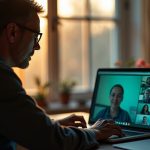 Remote worker in a cozy home office engaged in a video call, illuminated by a mix of natural daylight and laptop screen glow