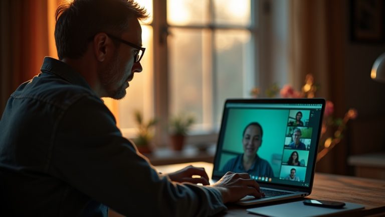 Remote worker in a cozy home office engaged in a video call, illuminated by a mix of natural daylight and laptop screen glow
