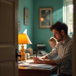 A focused remote worker writing at a desk in a home office with a softly lit, active household in the background.