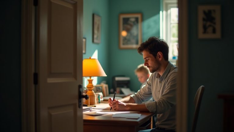 A focused remote worker writing at a desk in a home office with a softly lit, active household in the background.