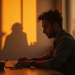 Person working alone at a home desk at sunrise with virtual team member shadows on the wall, capturing subtle stress amid warm and cool tones.