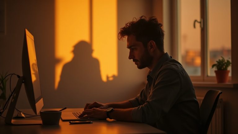 Person working alone at a home desk at sunrise with virtual team member shadows on the wall, capturing subtle stress amid warm and cool tones.