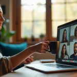 A warm home office scene with remote workers sharing a virtual coffee moment, blending digital and physical spaces during a video call.