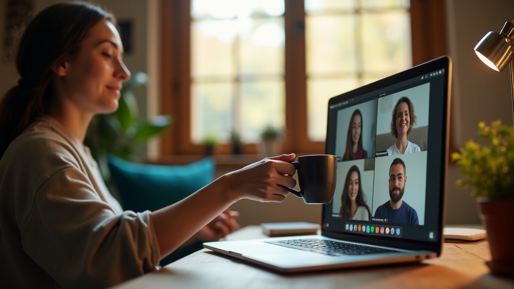 A warm home office scene with remote workers sharing a virtual coffee moment, blending digital and physical spaces during a video call.
