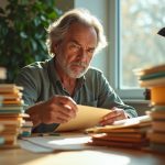 A focused individual at a cluttered home office desk sorting through colorful file folders, sunlight and soft lamp light highlighting the decision-making process.
