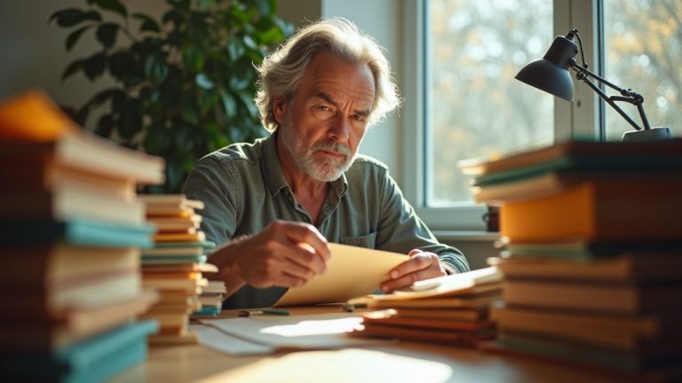 A focused individual at a cluttered home office desk sorting through colorful file folders, sunlight and soft lamp light highlighting the decision-making process.