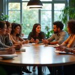 Diverse team in a modern office engaged in relaxed, informal discussion around a wooden table with natural light and houseplants.