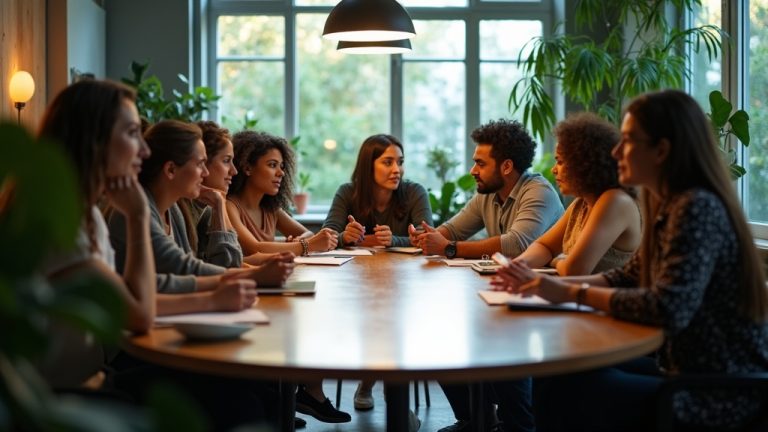 Diverse team in a modern office engaged in relaxed, informal discussion around a wooden table with natural light and houseplants.