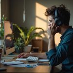 Remote worker focused at a home desk, adjusting noise-cancelling headphones amid a cluttered workspace with sunlight and computer glow highlighting the scene.