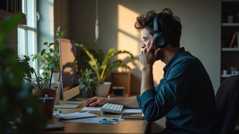 Remote worker focused at a home desk, adjusting noise-cancelling headphones amid a cluttered workspace with sunlight and computer glow highlighting the scene.
