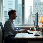 Remote worker at a cluttered home office desk, focused on a computer with city views through a nearby window, highlighting a realistic work-from-home environment.