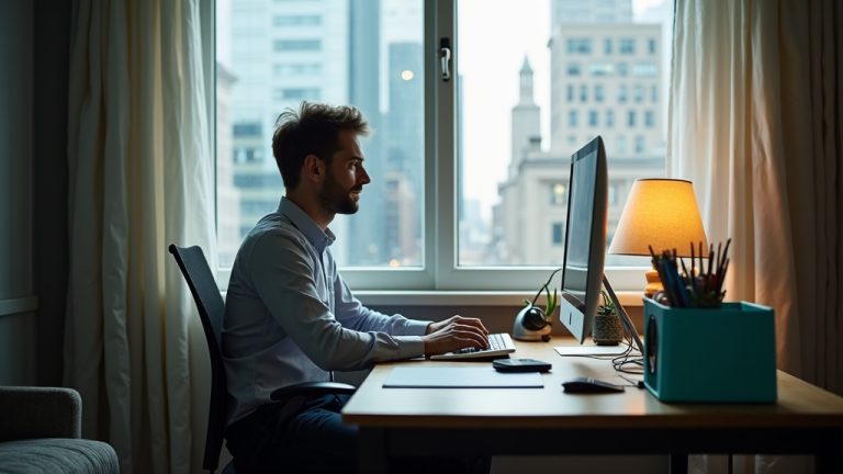 Remote worker at a cluttered home office desk, focused on a computer with city views through a nearby window, highlighting a realistic work-from-home environment.