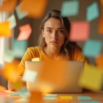 A remote worker at a light wood desk, surrounded by colorful post-it notes, looks focused and slightly overwhelmed in a sunlit home office.