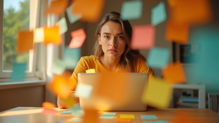 A remote worker at a light wood desk, surrounded by colorful post-it notes, looks focused and slightly overwhelmed in a sunlit home office.