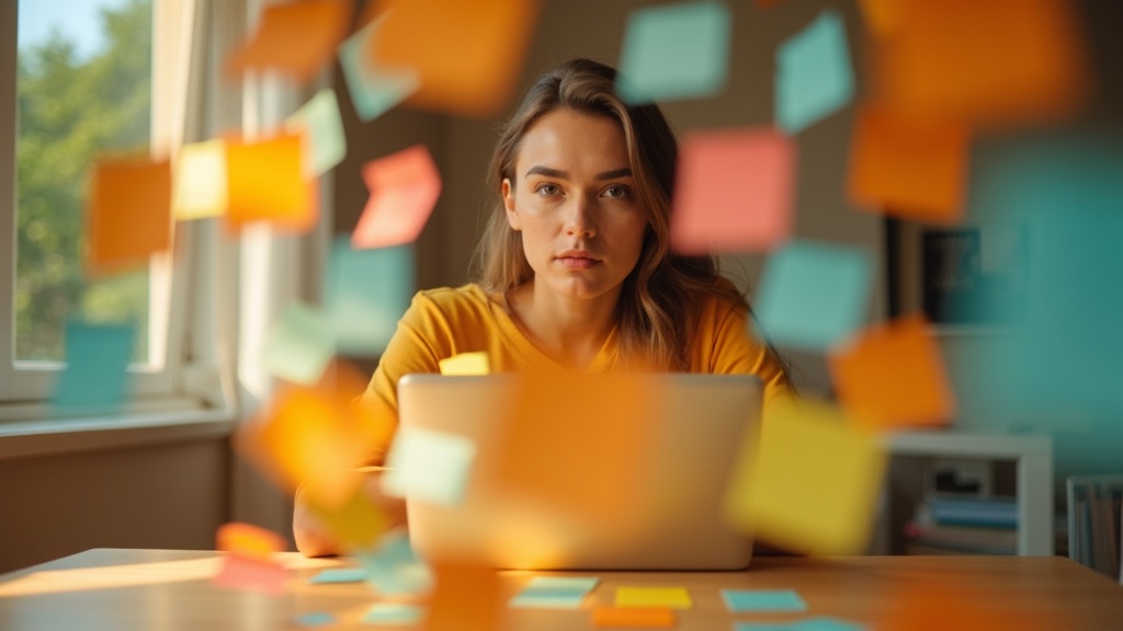 A remote worker at a light wood desk, surrounded by colorful post-it notes, looks focused and slightly overwhelmed in a sunlit home office.