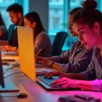 Overhead view of diverse remote team members working in separate modern spaces, connected by colorful light overlays symbolizing global collaboration.