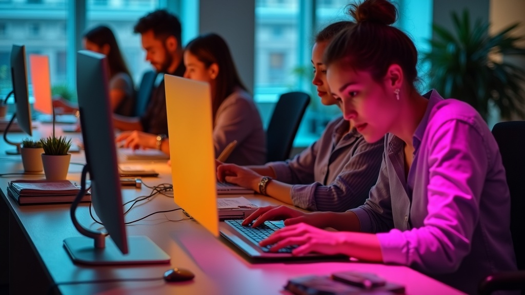 Overhead view of diverse remote team members working in separate modern spaces, connected by colorful light overlays symbolizing global collaboration.