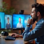 A new manager at a colorful home office desk engaged in a thoughtful video call with remote team members, highlighted by vibrant accents and multiple screens.