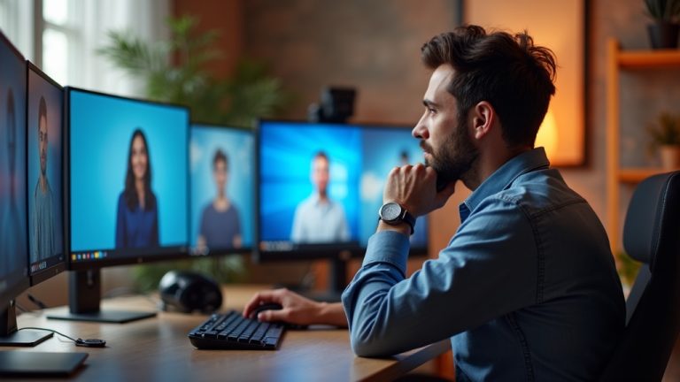 A new manager at a colorful home office desk engaged in a thoughtful video call with remote team members, highlighted by vibrant accents and multiple screens.