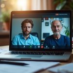 Two remote workers on a video call at a cluttered home office desk, both looking focused and tense as they discuss work boundaries.