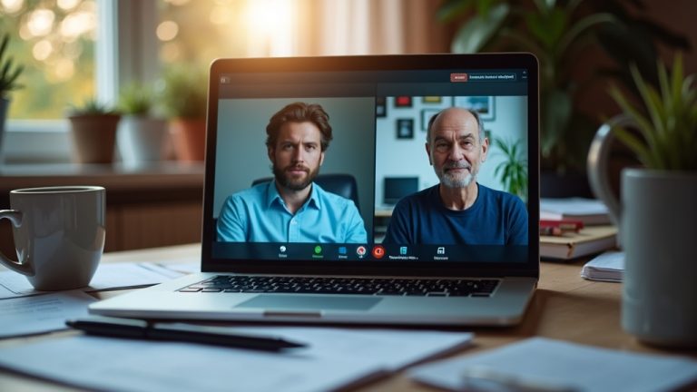 Two remote workers on a video call at a cluttered home office desk, both looking focused and tense as they discuss work boundaries.
