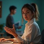 Remote worker at a home desk poised to speak up during a video call, illuminated by warm lamp light, with blurred figures in the background suggesting subtle interruptions.