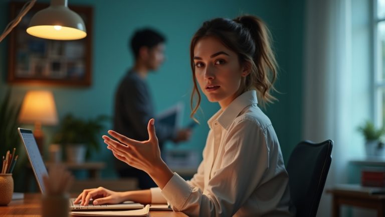 Remote worker at a home desk poised to speak up during a video call, illuminated by warm lamp light, with blurred figures in the background suggesting subtle interruptions.