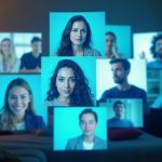 A diverse remote team appears in overlapping video call windows projected into a warm home office, highlighting flexibility and connection in team collaboration.