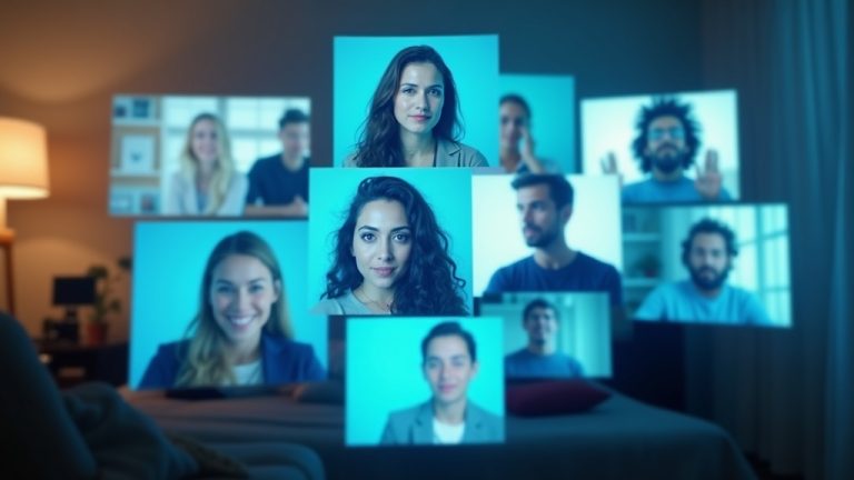 A diverse remote team appears in overlapping video call windows projected into a warm home office, highlighting flexibility and connection in team collaboration.