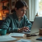Focused young adult working at a small living room desk surrounded by everyday household items, highlighting a realistic low-budget remote workspace setup.
