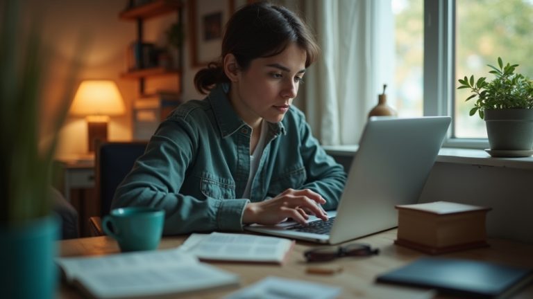 Focused young adult working at a small living room desk surrounded by everyday household items, highlighting a realistic low-budget remote workspace setup.