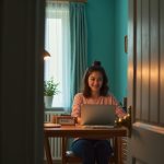 New hire engaging in a video call at a warmly lit home office desk, framed by a partially open door with personal touches highlighting a welcoming atmosphere.
