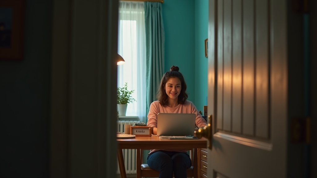 New hire engaging in a video call at a warmly lit home office desk, framed by a partially open door with personal touches highlighting a welcoming atmosphere.