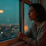 A remote worker leans pensively against a window at dusk, framed by warm indoor light and city reflections, symbolizing post-work reflection at home.