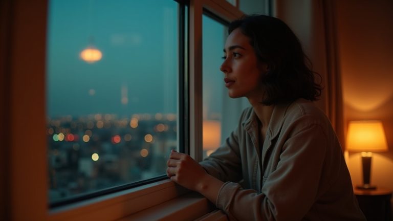 A remote worker leans pensively against a window at dusk, framed by warm indoor light and city reflections, symbolizing post-work reflection at home.
