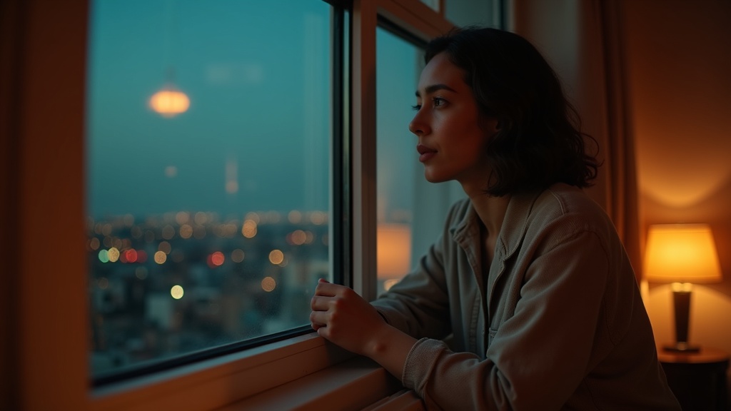A remote worker leans pensively against a window at dusk, framed by warm indoor light and city reflections, symbolizing post-work reflection at home.