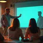 A diverse remote team participates in a dawn video call, with a leader facilitating discussion in a modern office filled with natural light and digital projections.