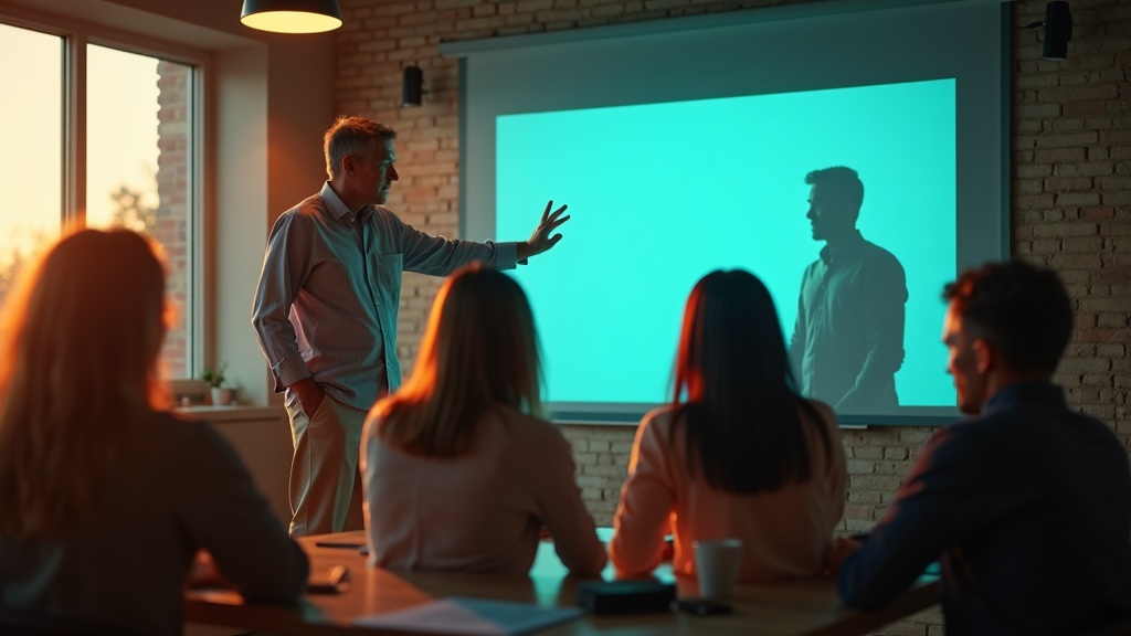 A diverse remote team participates in a dawn video call, with a leader facilitating discussion in a modern office filled with natural light and digital projections.