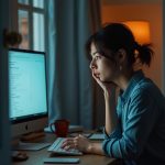 Employee working in a cozy home office with a slight sense of concern, highlighting privacy and security awareness in remote work settings