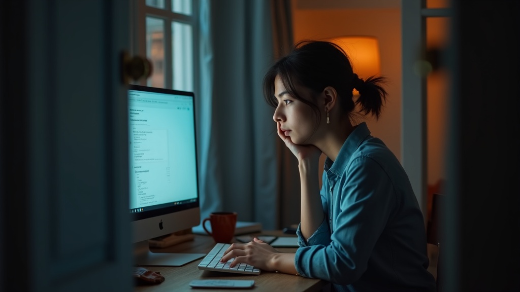 Employee working in a cozy home office with a slight sense of concern, highlighting privacy and security awareness in remote work settings