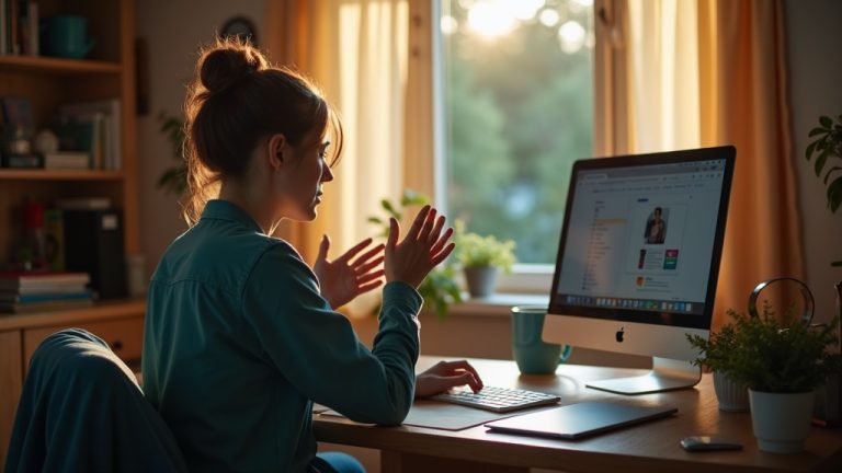 A remote worker pauses thoughtfully at a home office desk in soft afternoon light, reflecting the subtle moments that can signal early signs of burnout.