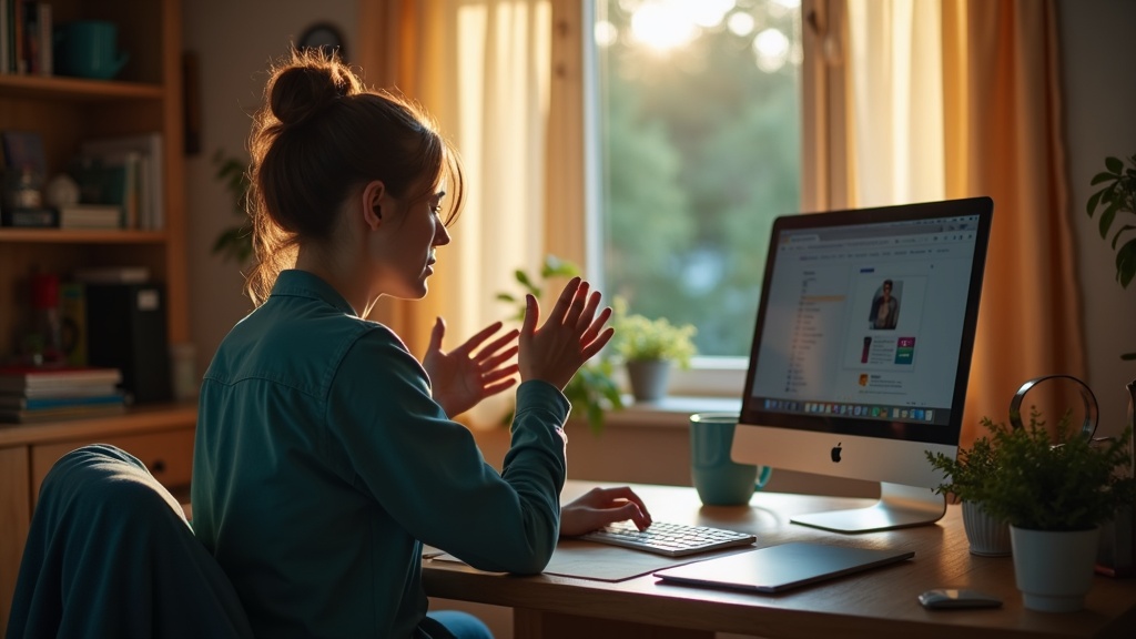 A remote worker pauses thoughtfully at a home office desk in soft afternoon light, reflecting the subtle moments that can signal early signs of burnout.